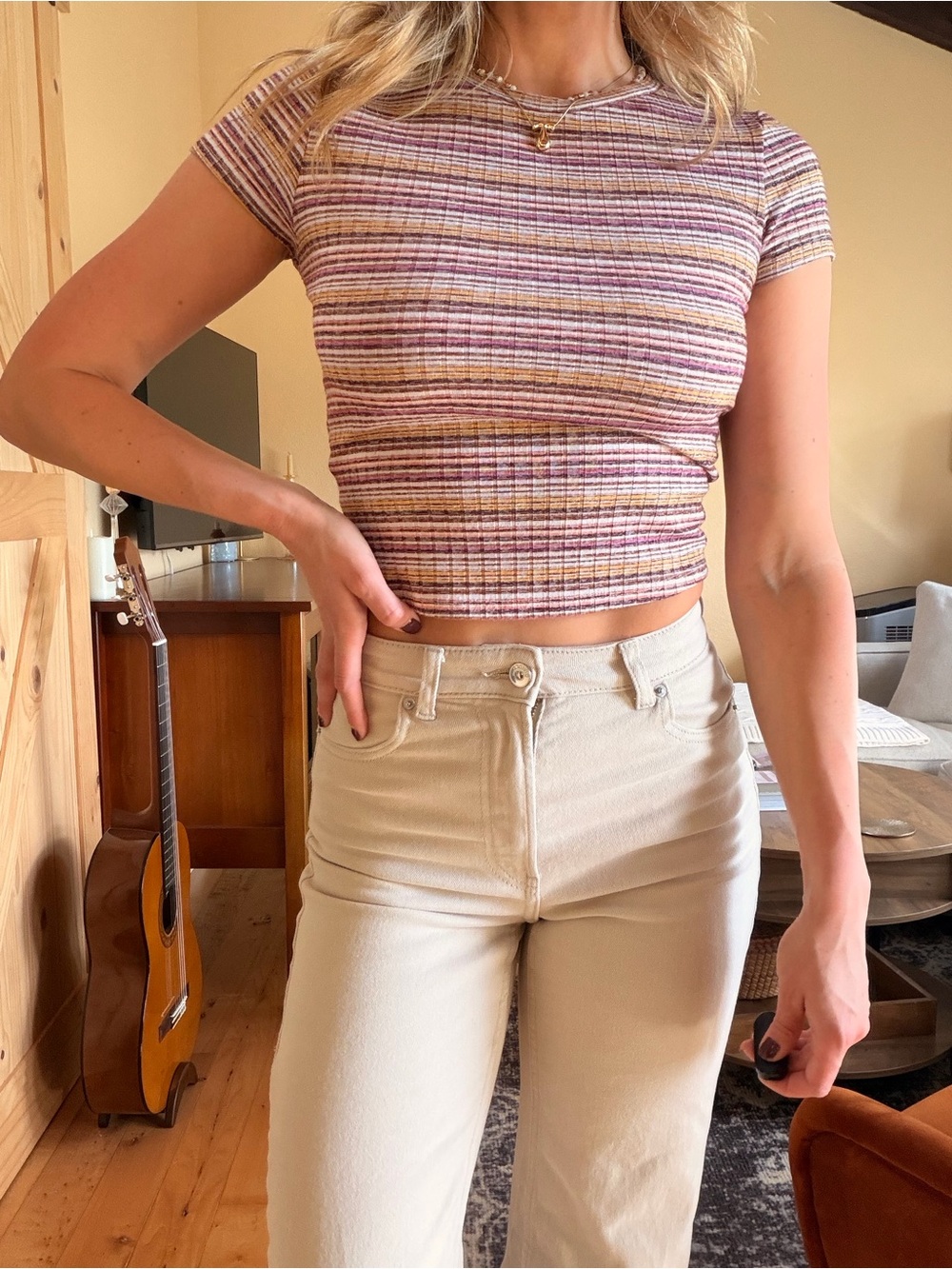 Garage Short-Sleeve Ribbed Tee in Purple, White & Tan Stripes - Picture 6 of 6